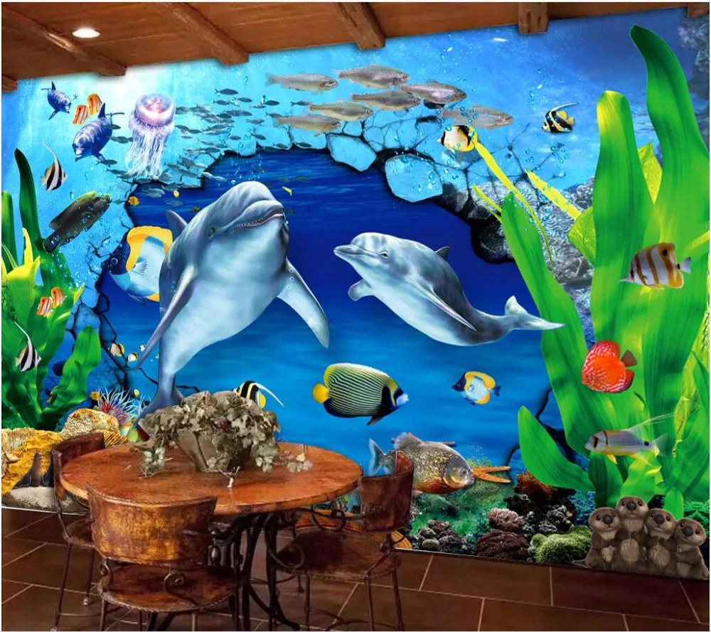 カスタム壁画写真3d壁紙イルカ水中世界海藻インテリア3d壁の壁画の壁紙3 D Mural Wallpaper For Walls Photo 3d Wallpaper3d Wall Murals Wallpaper Aliexpress