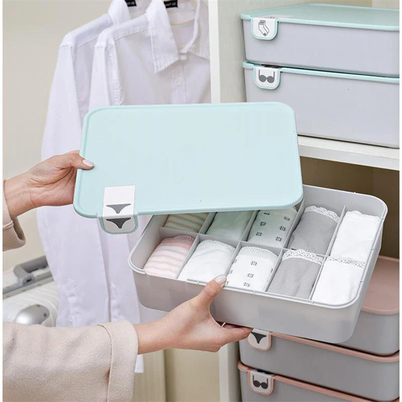 

1PC Underwear Bra Scarf Socks Storage Box Organizer With Cover Multifunction Waterproof Plastic Drawer Closet Organizers Boxes