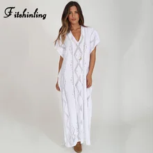 Fitshinling V neck boho knitted long dress beachwear hollow out straight big sizes white pareos swimwear holiday women dresses