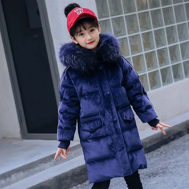 

Winter Kids Girls Velvet Mid Long Long Coat Fur Collar Hoody Winter White Duck Down Jacket Fashion Overcoat Pink Padded Parka
