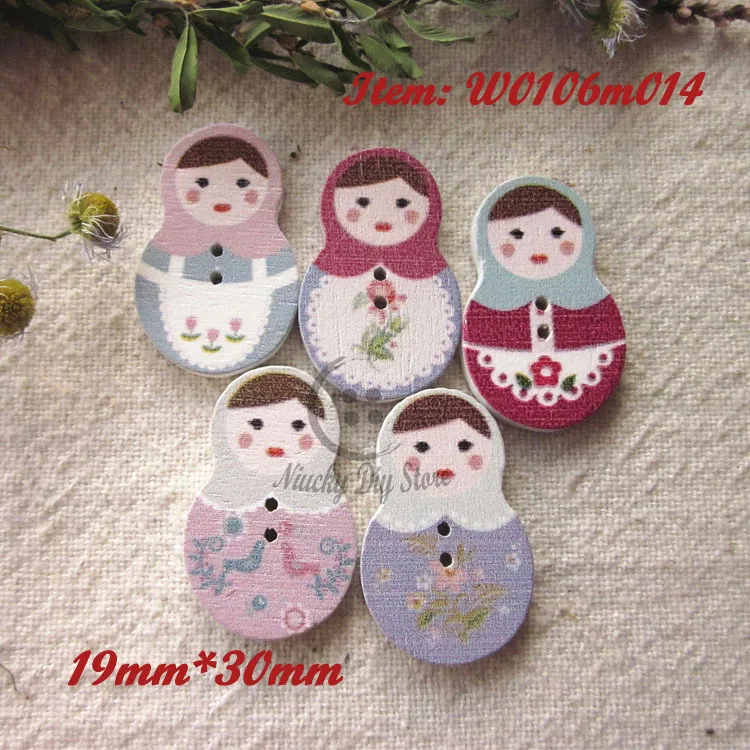 

100pcs Random mixing Russian dolls wooden painting sewing buttons scrapbooking craft accessories 19mm*30mm