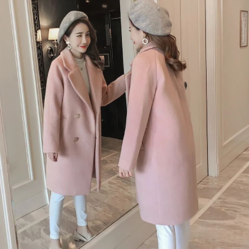 Зимнее корейское пальто женское модное винтажное Шерстяная Смесь пальто женское двубортное пальто с отложным воротником женское официальное - Цвет: Розовый