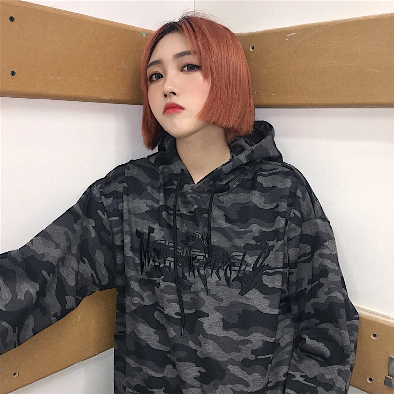 

NYOOLO Harajuku camouflage letter embroidery hoody Casual streetwear long sleeve hooded pullovers Sweatshirt women men outerwear