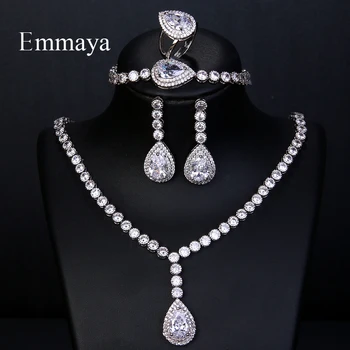 

Emmaya Luxury Big Silver Color Dazzling Cubic Zircon Bridal Wedding Jewelry Set 4 Pieces Necklace Bracelet Ring For Indian Women