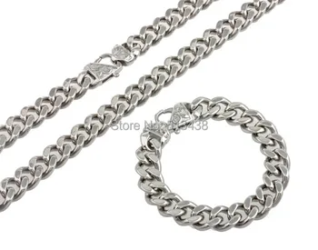

14MM MEN'S CURB CUBAN HEAVY CHAIN 24'' NECKLACE & 9'' BRACELET SET STAINLESS STEEL