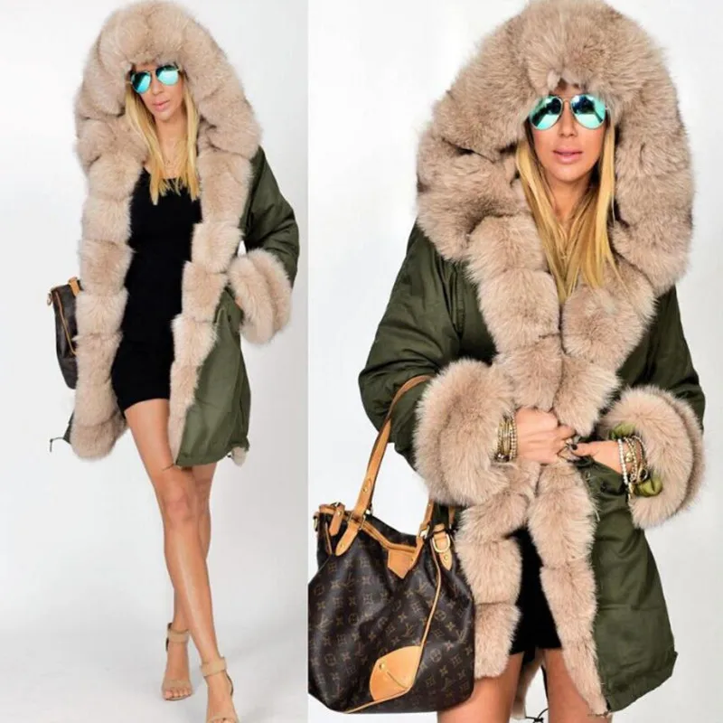 

Womens Faux Fox Fur Parka Long Coat Ladies Camouflage New 2019 Winter Padded Jacket Fur Collar Hooded Overcoat Plus Size 4XL 5XL