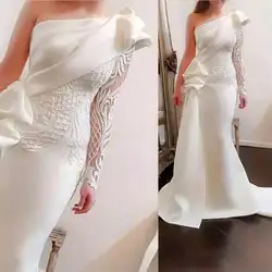 Чисто белые вечерние наряды vestido longo festa одно плечо вечерные платья с кружевами и аппликациями Русалка вечернее платье блестящее рукава