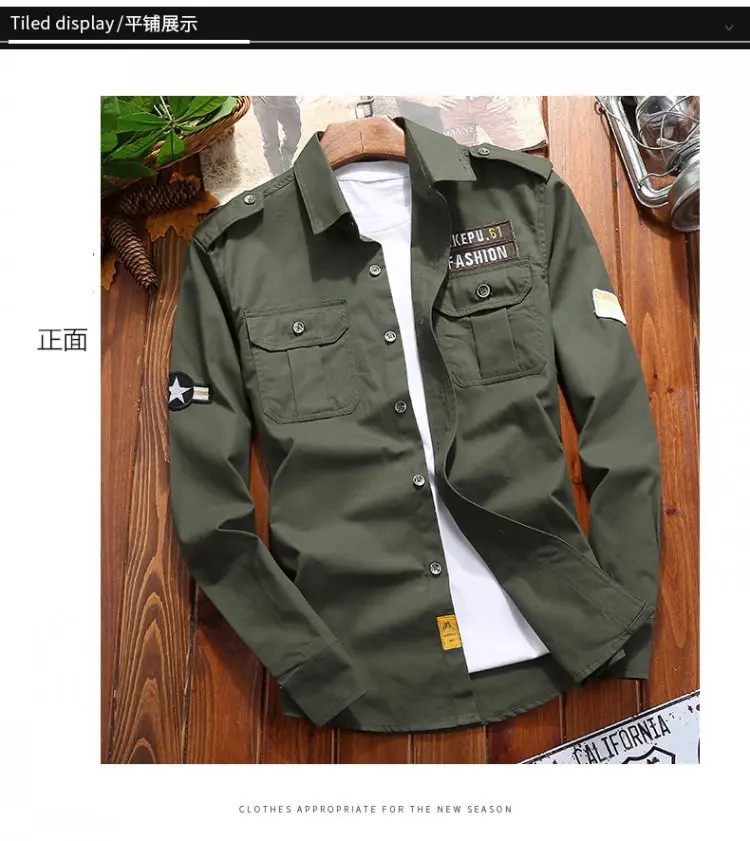 wbddt militar camisa verde de algodão dos homens camisas do vintage jaqueta magro para os homens manga longa azul marinho verde cáqui fino streetwear