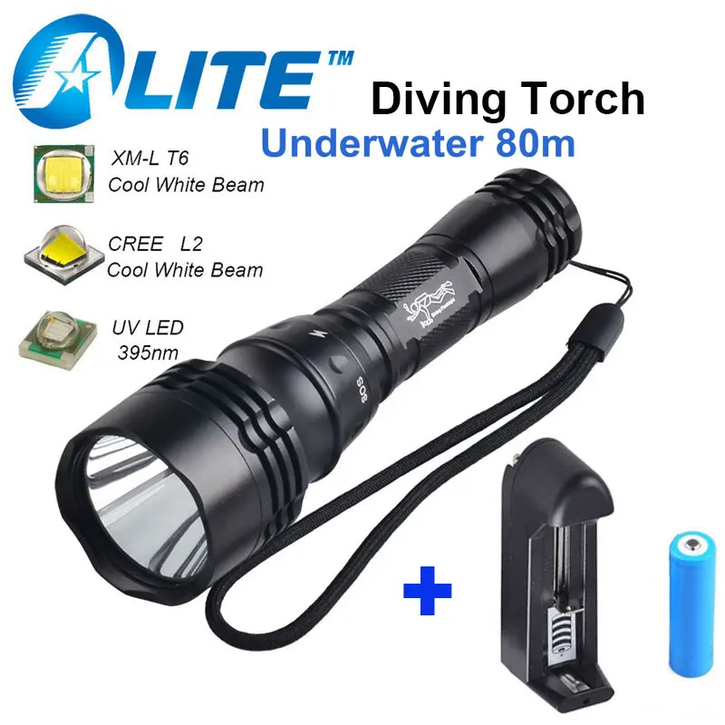 

2000Lm CREE XM-L2 T6 White UV 395nm LED Waterproof Underwater 80 Meter Flashlight Torch Light Diving Lanterna with 18650