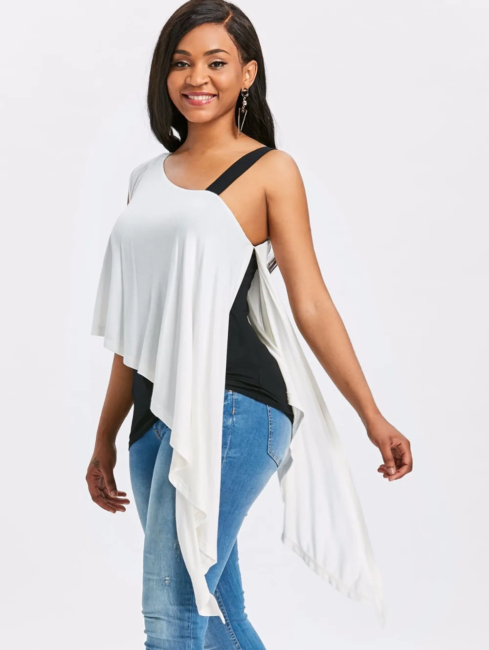 VESTLINDA Skew Collar Color Block Black White Overlay Asymmetrical Tee Two Tone T Shirt Women Casual Tops Summer 2018 T-shirt 3