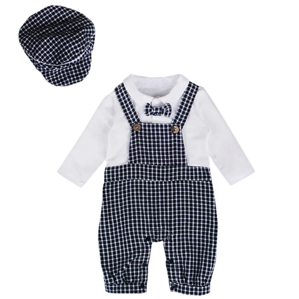 

LONSANT Outfits Baby Boys Lattice Gentleman Belt Suit Rompers Jumpsuit Cap Kids Clothes Drop Shipping