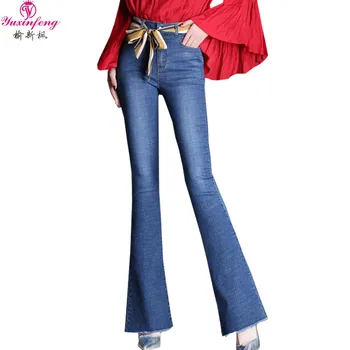 

Yuxinfeng 2019 Spring Summer Women's Flare Jeans High Waist Plus Size Stretch Slim New Fashion Blue Casual Jean Pants +Sashes