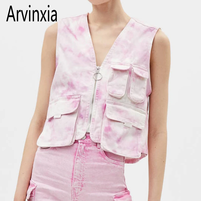 

Arvinxia ZA New Sleeveless Stylish Pocket Low V Neck Woman Denim Vest Fashion Loose Lady Coats Casual Punk Woman Outwear Jackets