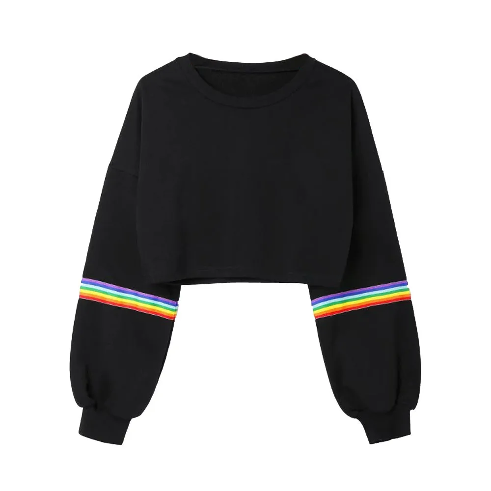 

cropped hoodie Women korean kawaii sweatshirt Long Sleeve Striped Crop Short Sweatshirt Jumper Black Pullover Top sweatshirt#10