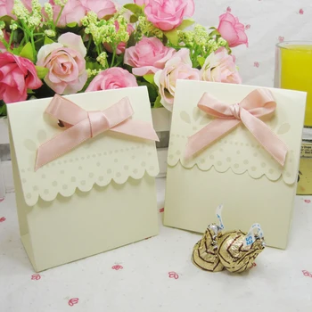 

50pcs/lot DIY Wedding Candy Box Light Yellow Gift Box With PInk/Yellow Ribbon Simple Sugar Box