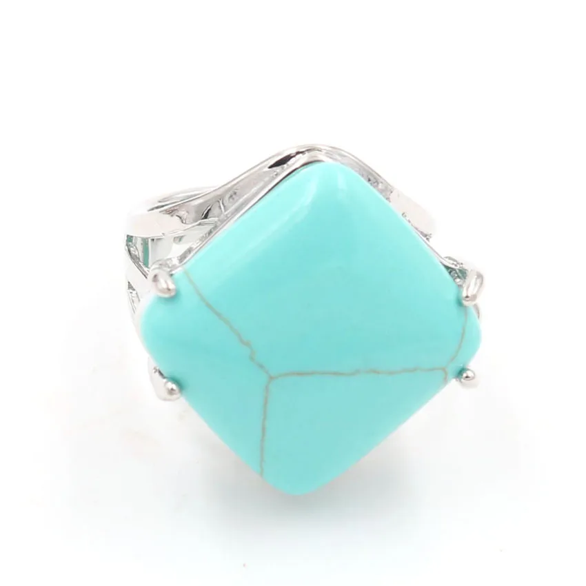 

YJXP Silver Plated Rhombus Shape Adjustable Finger Ring Green Turquoises Stone Engagement Jewelry
