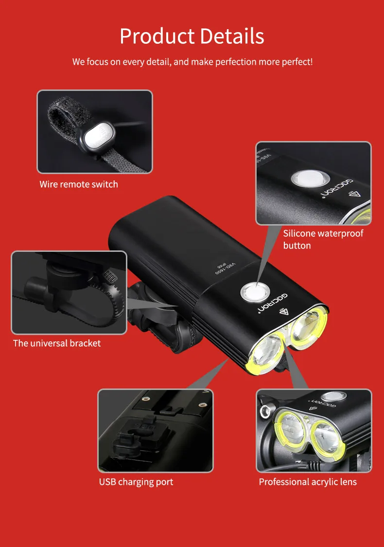 Clearance Gaciron 1600 LM Rechargeable Bike Light Bicycle Front Handlebar Led Light 5000mAh Power Bank Intelligent Wire control Flashlight 14