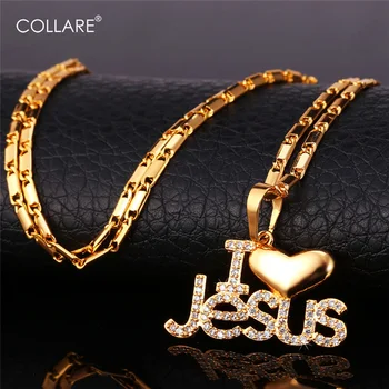 

Collare Jesus Piece Heart Necklace Women Men Jewelry Zirconia Gold Color "I Love Jesus" Necklaces & Pendants Christian P120
