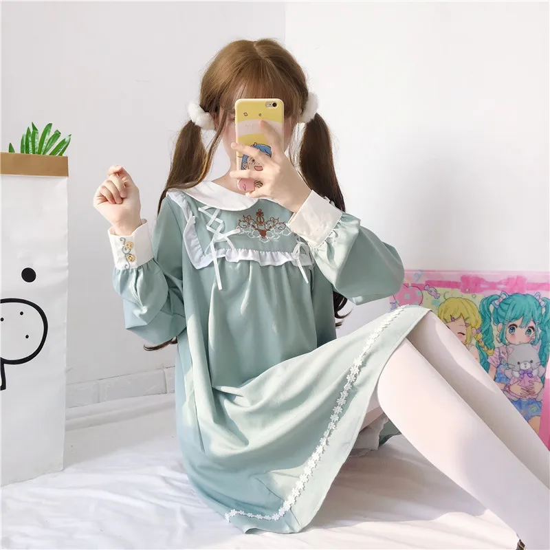 

KYQIAO Cosplay costumes mori girls autumn spring Japan style kawaii sweet long sleeve peter pan collar lace-up dress vestidos