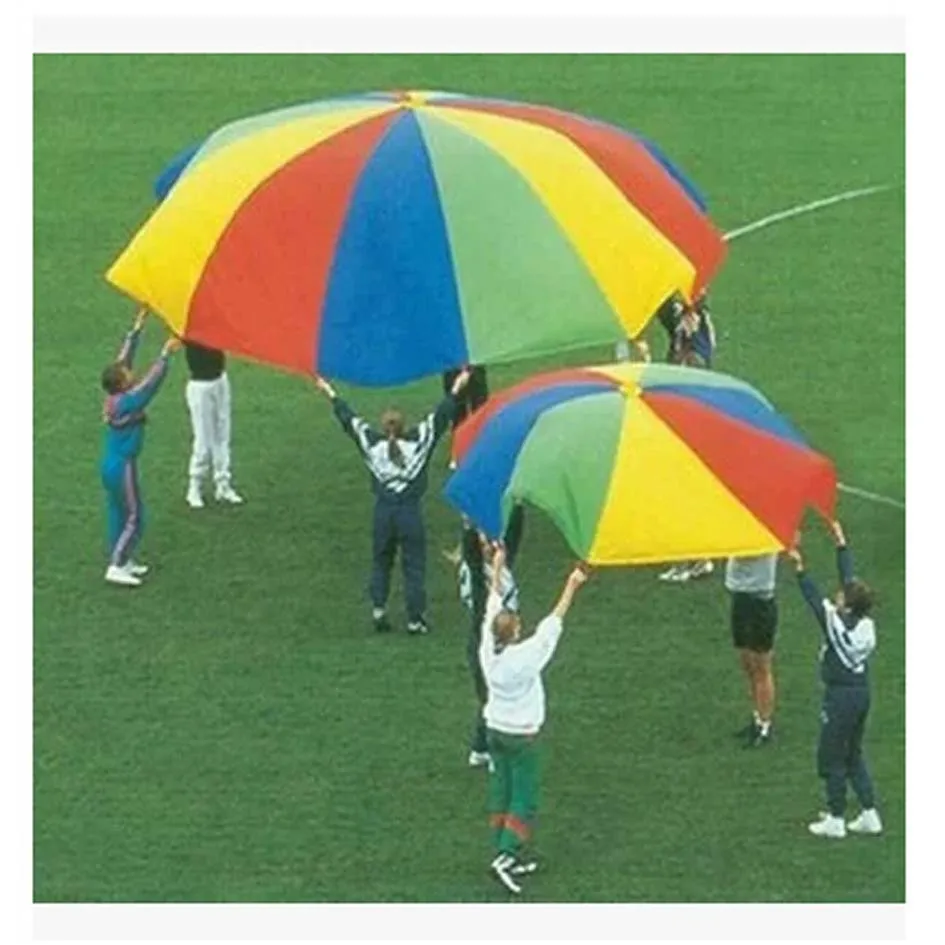 Günstige 2 mt 3 mt 3,6 mt 4 mt 5 mt 6 mt Durchmesser Outdoor Regenbogen regenschirm Fallschirm Spielzeug Jump Sack Ballonfallschirm Spielen Für Kinder