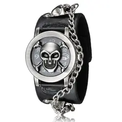 3D Череп Лазерной Гравировкой Для мужчин часы заклепки Скелет Для мужчин наручные часы панк-рок певица цепи кварцевые часы наручные часы