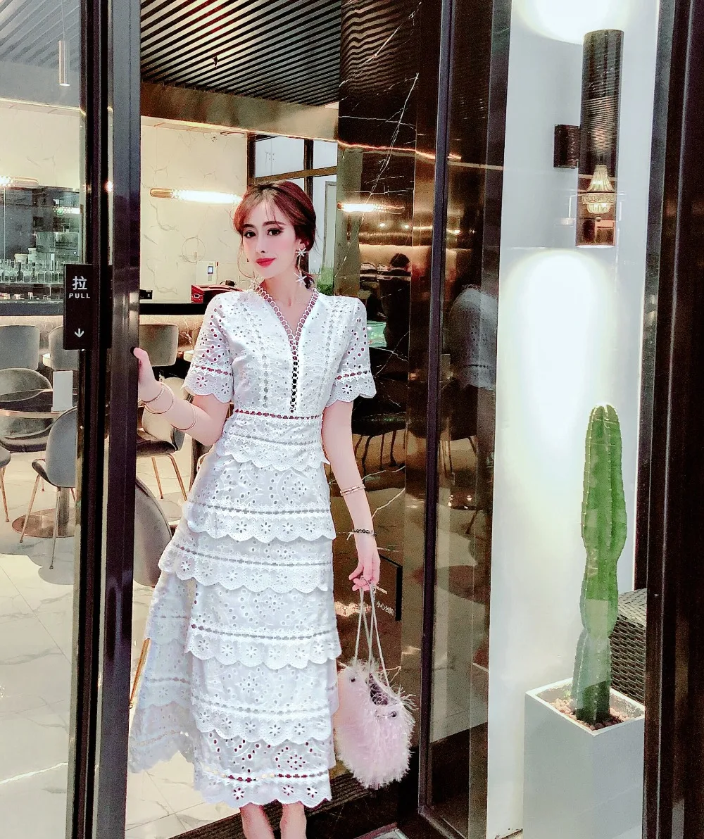 Женское элегантное многослойное платье с оборками Летнее нарядное платье с коротким рукавом повседневное милое белое кружевное платье