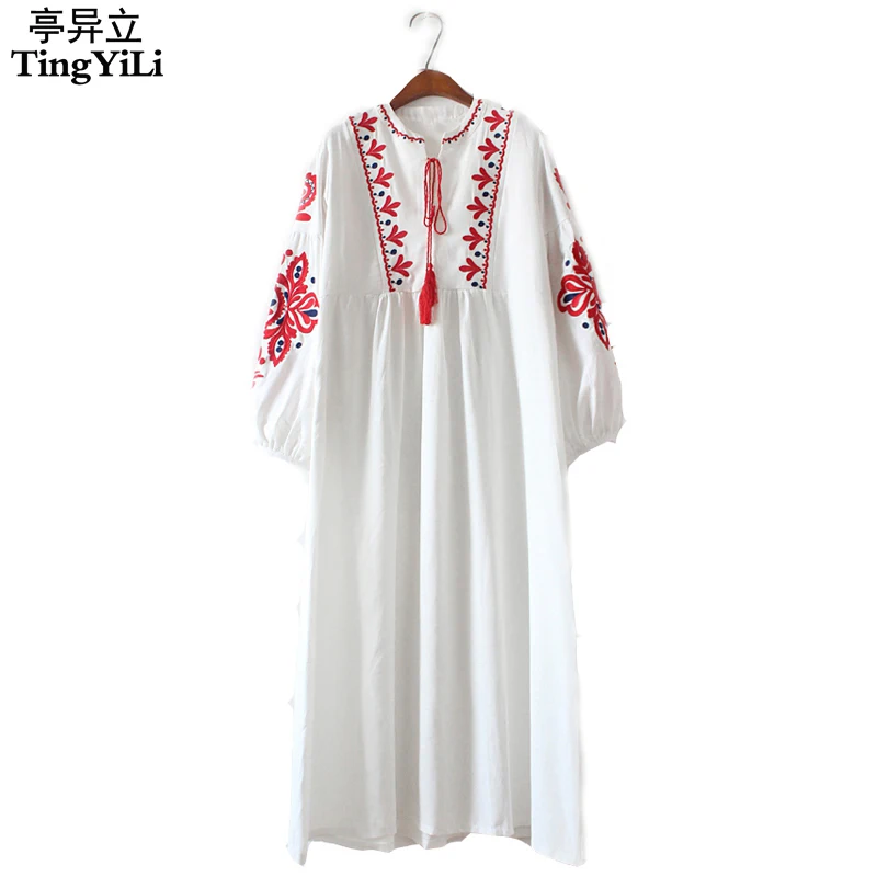 TingYiLi цветочное вышитое этническое Платье хлопковое льняное платье макси с