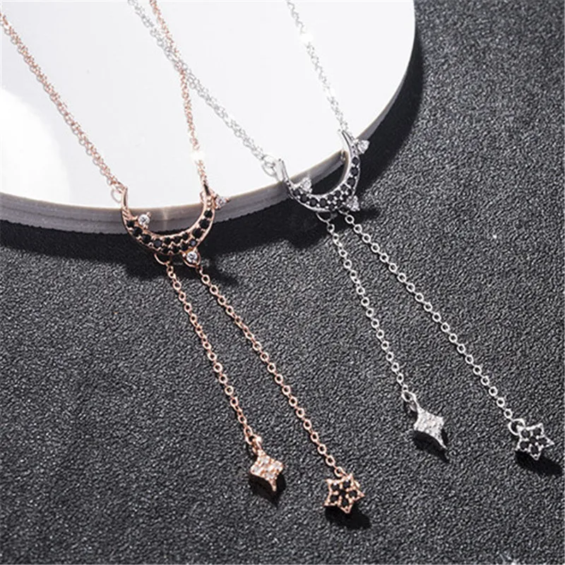 

Popular chain silver 925 moon and star rhodium and rose gold plated long necklace jewelries as a gift for girlfriends