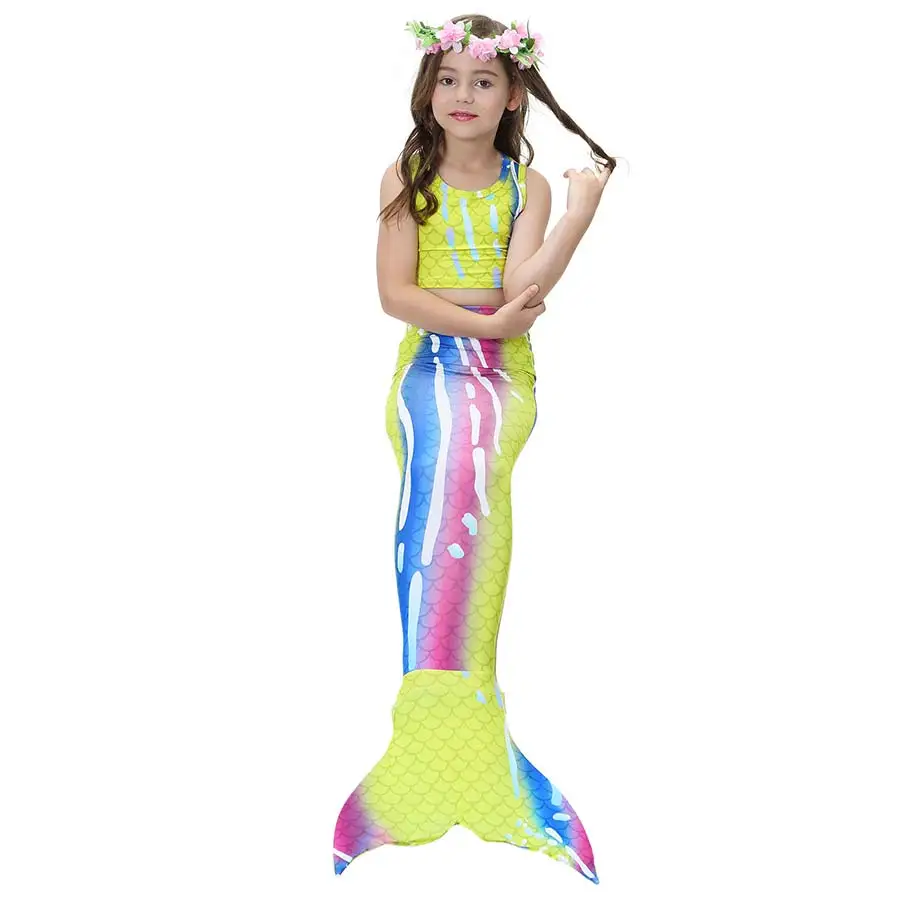Купальный костюм-бикини с хвостом русалки для девочек, 4 цвета, комплект из 3 предметов нарядный Детский Костюм Русалки карнавальный От 3 до 12 лет