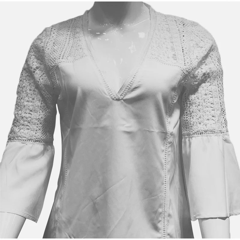 Женские сексуальные белые кружевные блузы с v-образным вырезом, топы с расклешенным длинным рукавом, женская рубашка, летняя Женская Повседневная Блузка в стиле пэчворк