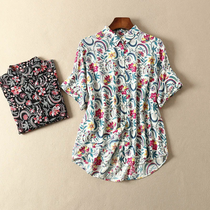

Women Shirt Light and Breathable Printed Silk Cotton Short Sleeve Shirt (customized version, without label)