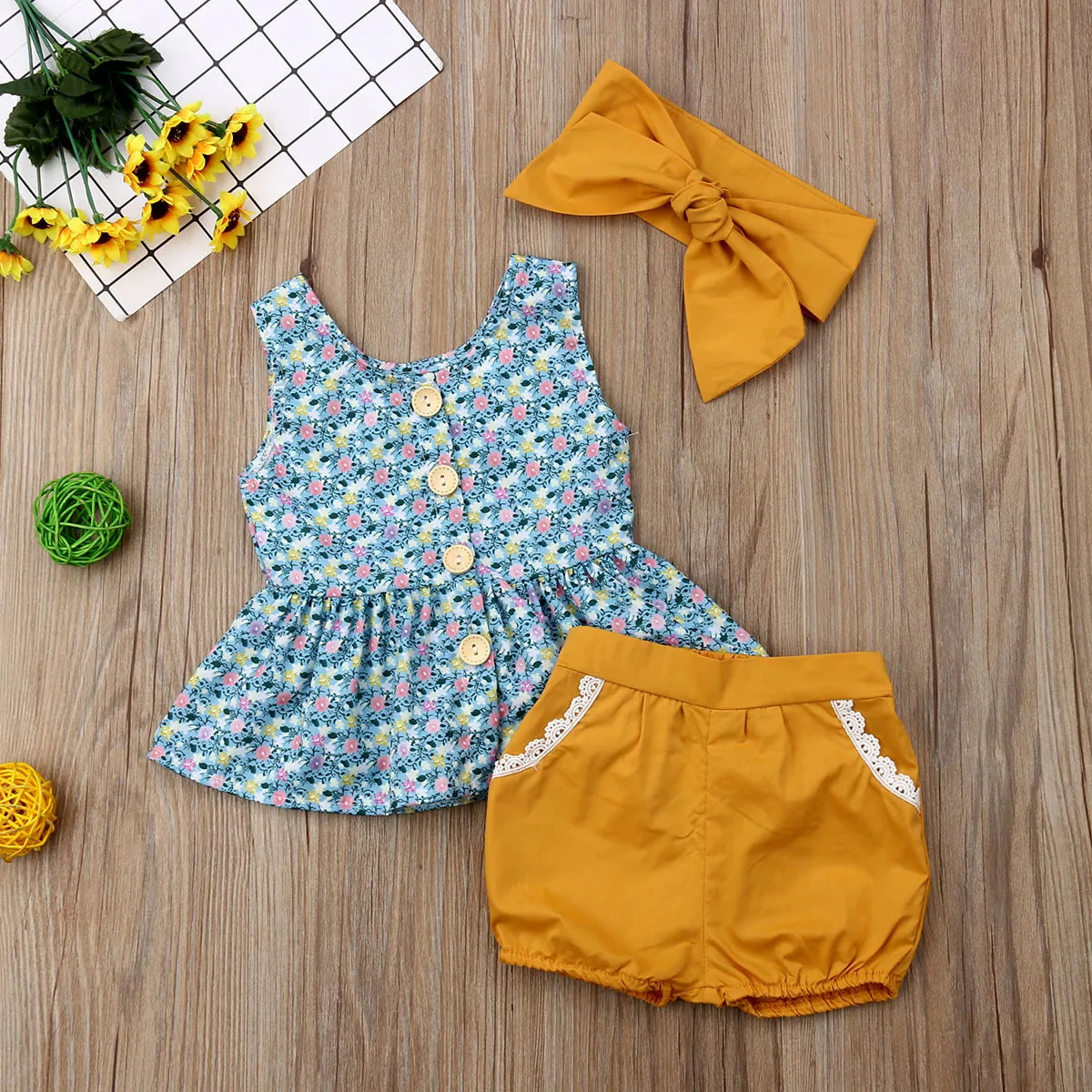 

Newborn Baby Girls Print Sleeveless Dress Short Pants Headhand 3pcs Outfit Clothes Set