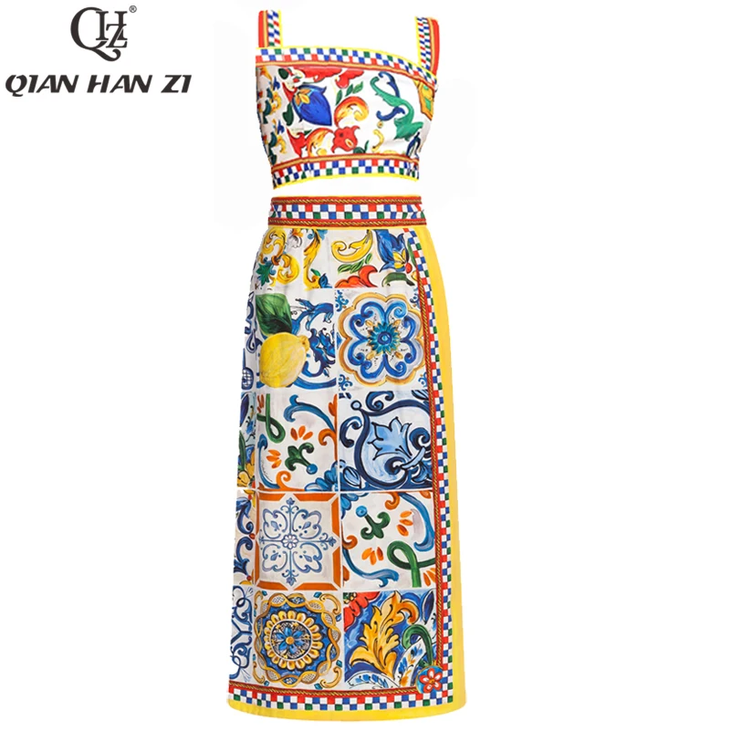 تشيان هان زي 2019 مصمم أزياء المرأة مثير دعوى مجموعات السباغيتي حزام قمم + طباعة عالية انقسام تنورة و السراويل حزب 2 قطعة مجموعة