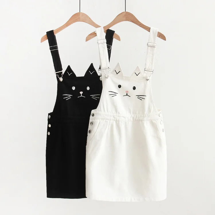 Women Cute Cat Embroidery Jeans Dress Spaghetti Strap Suspender Dress Overalls Black White Casual Dress Vestidos