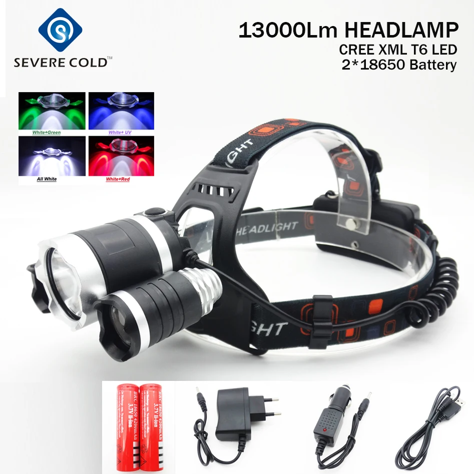 13000Lm CREE XML T6+Red Green UV White LED Headlight Headlamp Head Lamp