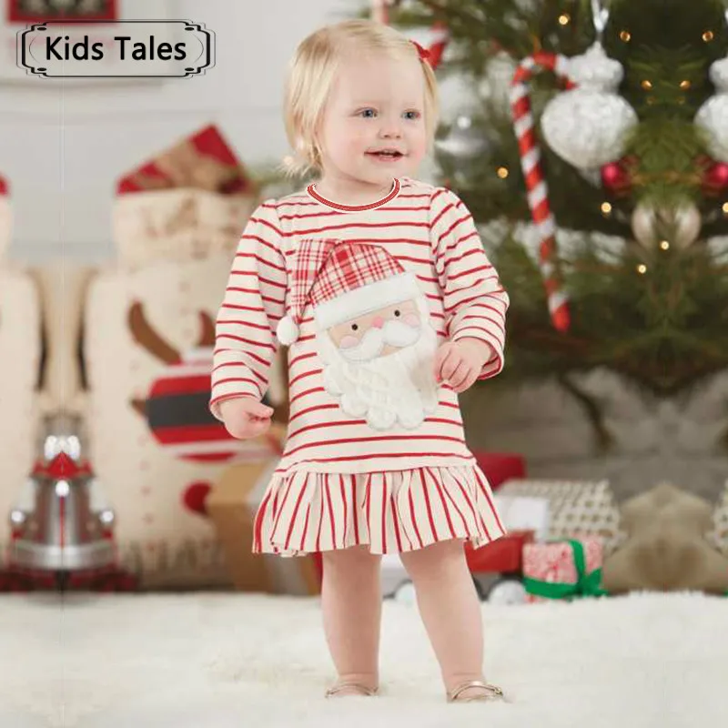 

2019 New Long Sleeve Girls Santa Claus Printed Dresses Children Girls Striped Dresses Costume Girls Children Clothes SQ336