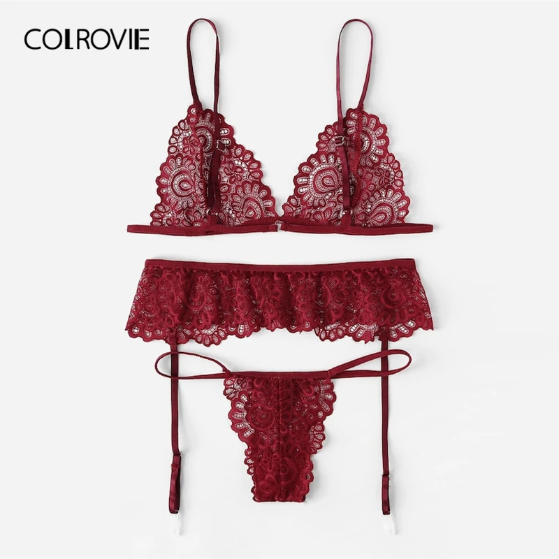 COLROVIE Burgundy Lace Garter With Thongs V Strings Women Lingerie Set 2019 Wireless Intimates
