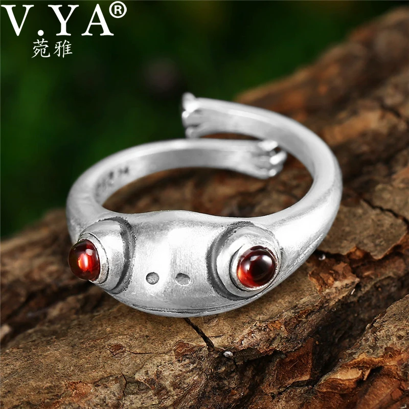 V.YA, модное 925 пробы Серебряное Гранатовое кольцо для женщин, женское милое кольцо в виде лягушки, регулируемое серебряное ювелирное изделие