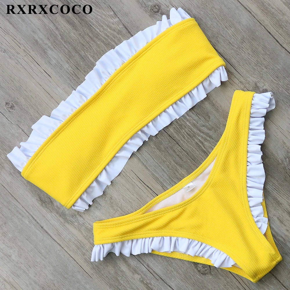 

RXRXCOCO 2018 Bikinis Women Bandeau Swimsuit Solid Swimwear Ruffled Bathing Suit Padded Maillor De Bain Female Push Up Biquini