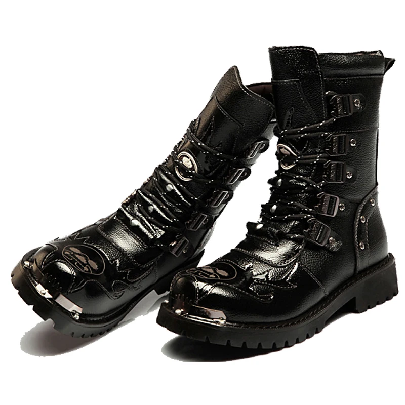 Kaufen Armee Stiefel Männer Military Stiefel 2019 Leder Winter Schwarz cowboy schnee Metall Gothic Punk Stiefel Männlichen Schuhe Motorrad Martin stiefel