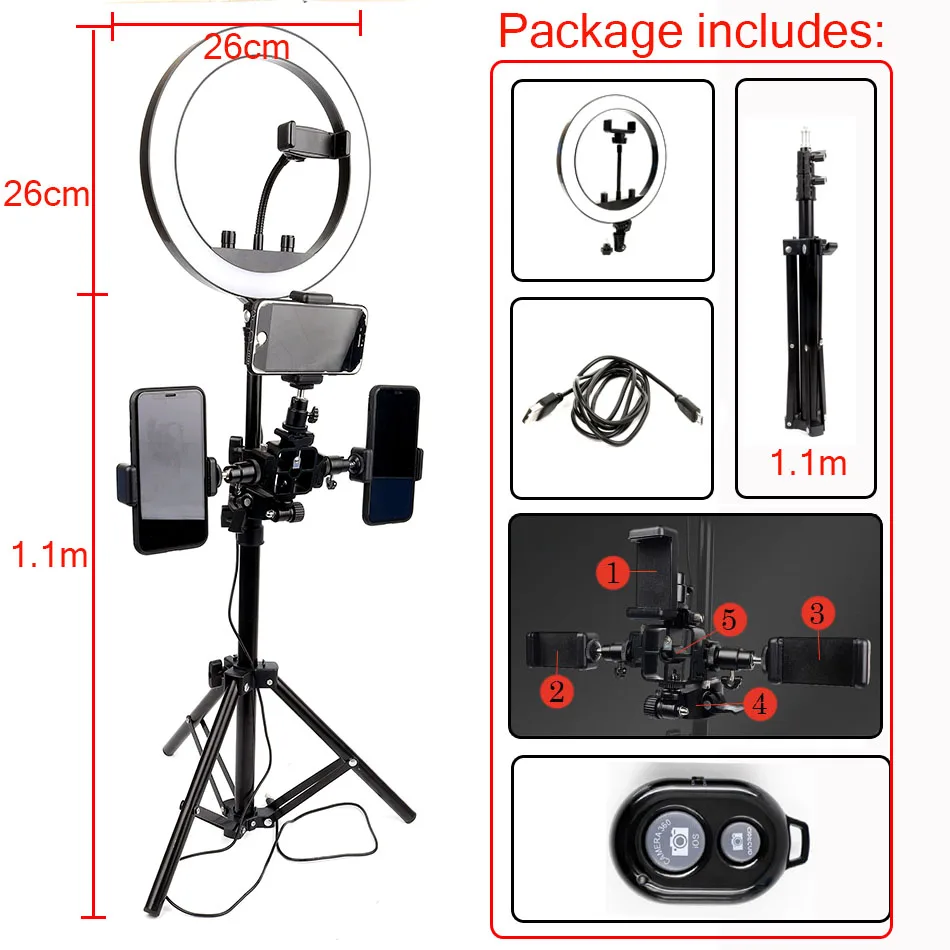 1" 26 см светодиодный кольцевой светильник для селфи 2700 K-5500 K светильник для фотостудии с регулируемой яркостью для фото и видео макияжа Youtobe с штативом и держателем для телефона - Цвет: Черный