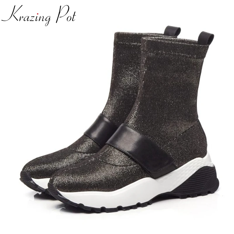 

Krazing Pot knitting genuine leather boots gorgeous stretch wedges heel European round toe fashion thick bottom ankle boots L6f5