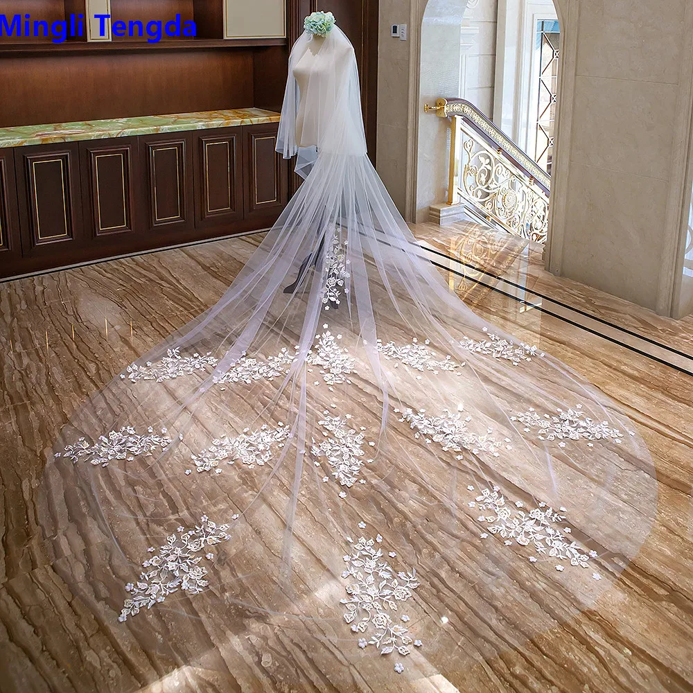 

Mingli Tengda Embroidered Flowers Cathedral Veil 3.5 M Long Wedding Veils Two Layers Bridal Veil Lace Flover Cove Face Mariage