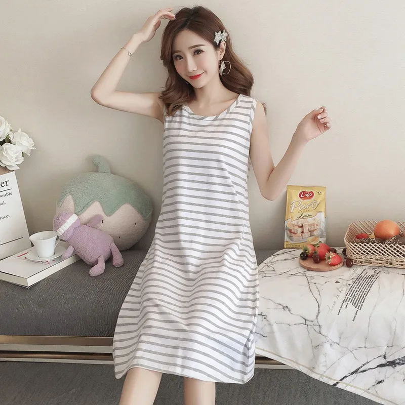 

Casual Striped Cotton Sexy Vest Nightgowns for Women Summer Sleeveless Sleepwear Female Night Dress Nightdress Home Dress Nighty