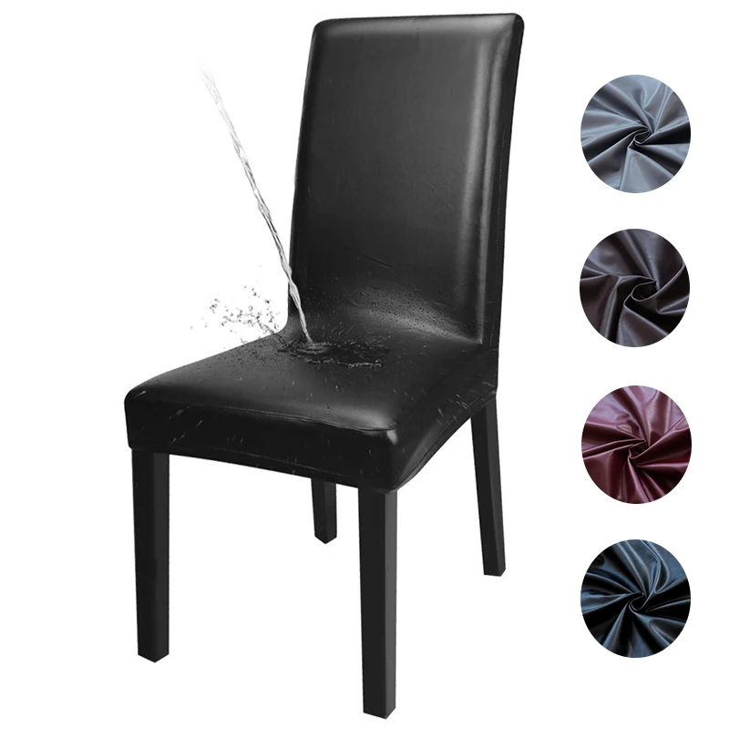 Dining Chair Covers Solid Color PU Leather Stretch Waterproof Chair