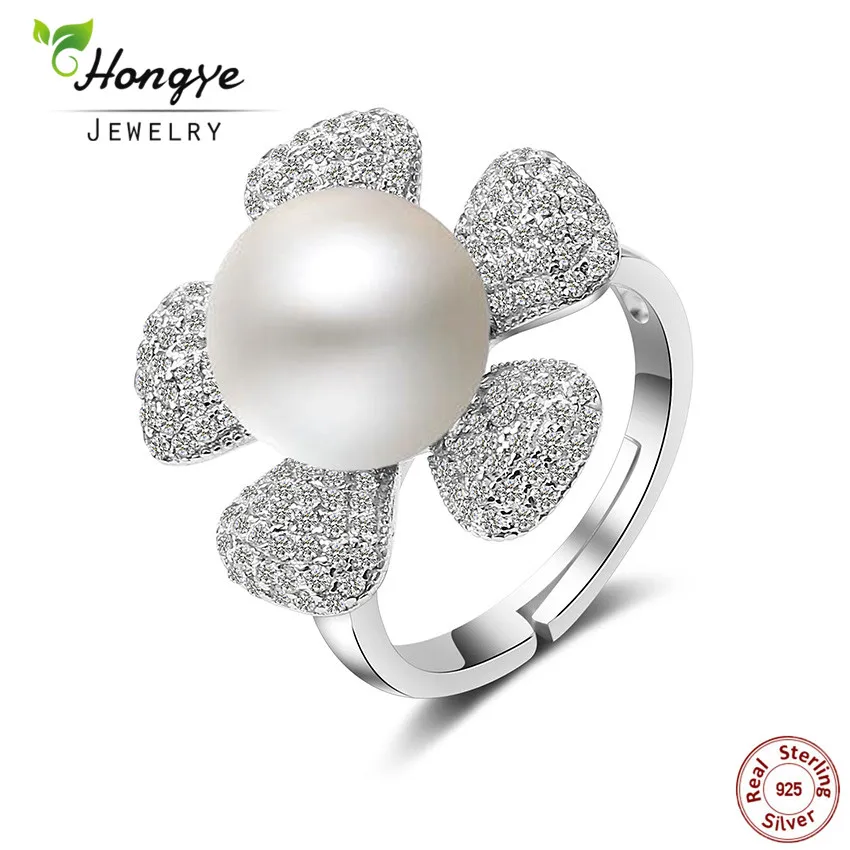 

Hongye Elegant Flower Ring for Women 2020 Fashion Natural Freshwater Pearl with 925 Sterling Silver Adjustable Open anillos