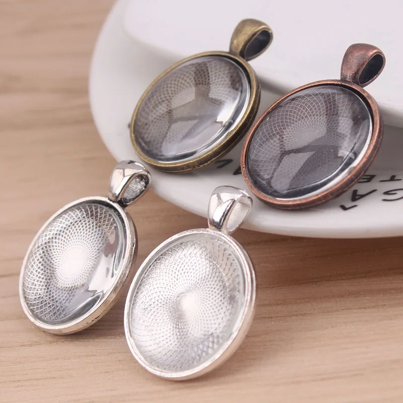 1 inch Cabochon Pendant Tray, Silver 25mm Pendant Tray Settings + Clear