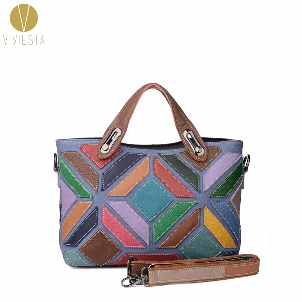 

GEOMETRIC PATCHWORK GENUINE LEATHER TOP HANDLE BAG Women's 2-Way Design Denim Contrast Colors Small Tote Crossbody Handbag