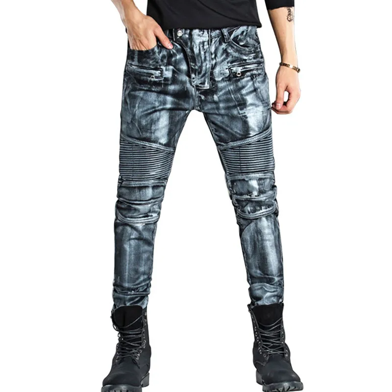MCCKLE New Fashion Gold Silver Paint Printed Biker Jeans Pants Fashion Jeans Men,High Quality Slim Motorcycle Man Jeans
