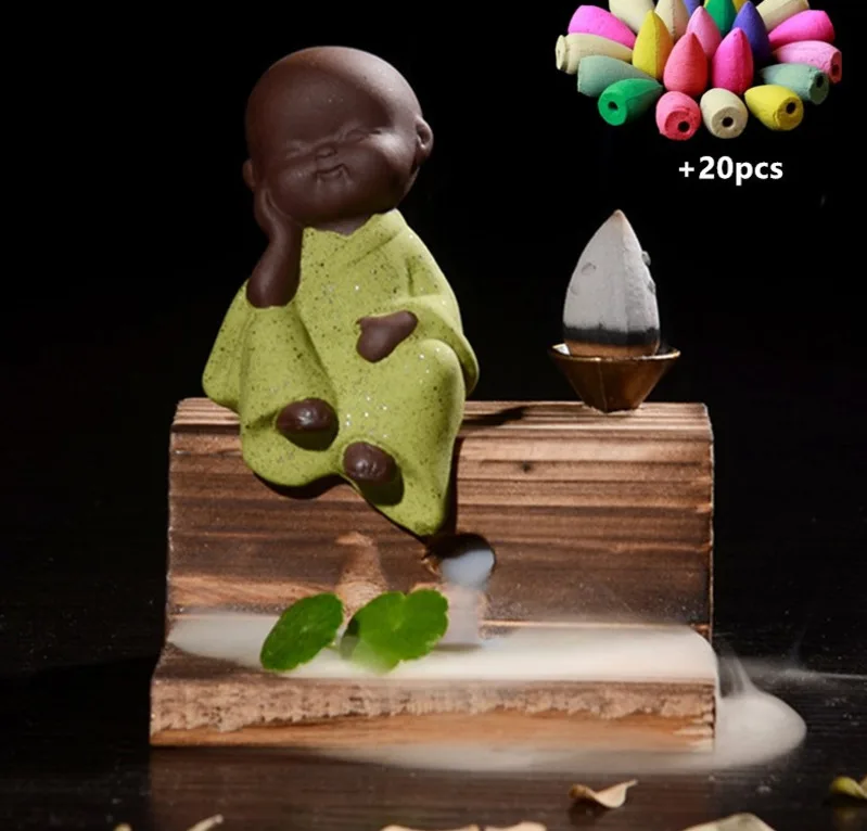 

Creative Little Monk Censer Ceramic Backflow Waterfall Small Buddha Incense Burner Holder Home Decor + 20pcs Incense Cones